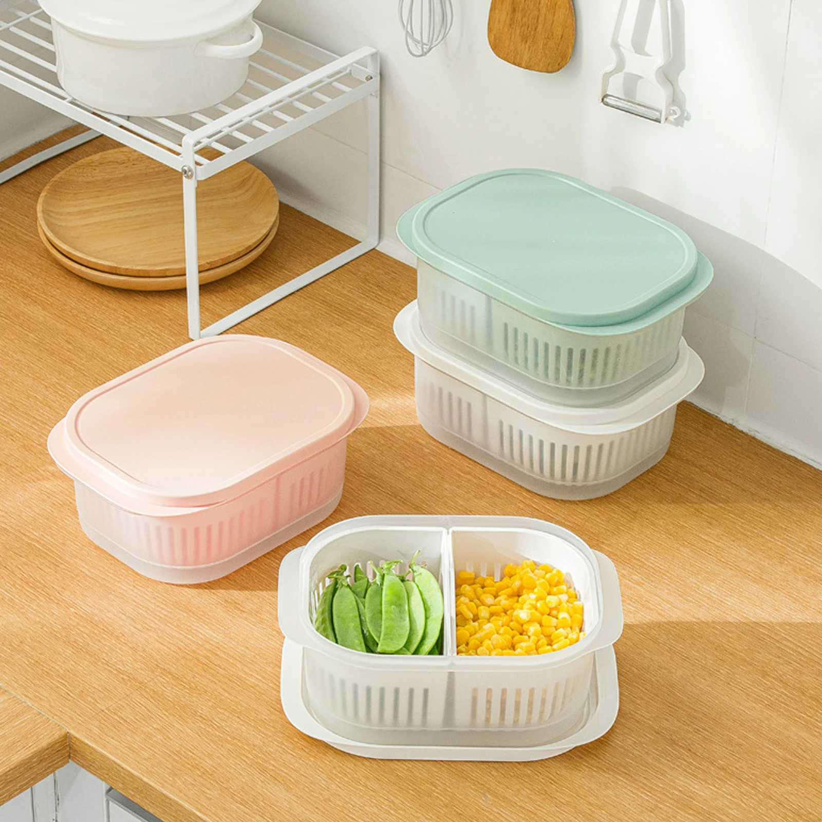 

2 Grids Food Refrigerator Storage Box For Vegetables Fruits Meat Fresh-keeping Sealed Kitchen Storage Container Tools