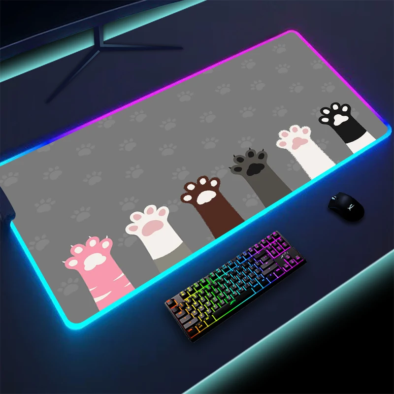

RGB коврик для мыши в виде кошачьей лапы для геймеров, нескользящий симпатичный резиновый коврик для клавиатуры XXL, большой коврик для мыши с подсветкой, компьютерный коврик для мыши