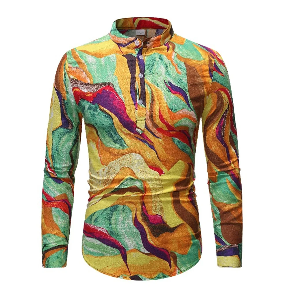 

New Men's Stand Collar Long Sleeve Shirt National Style Printed Shirt Casual Top Fashion T-shirt