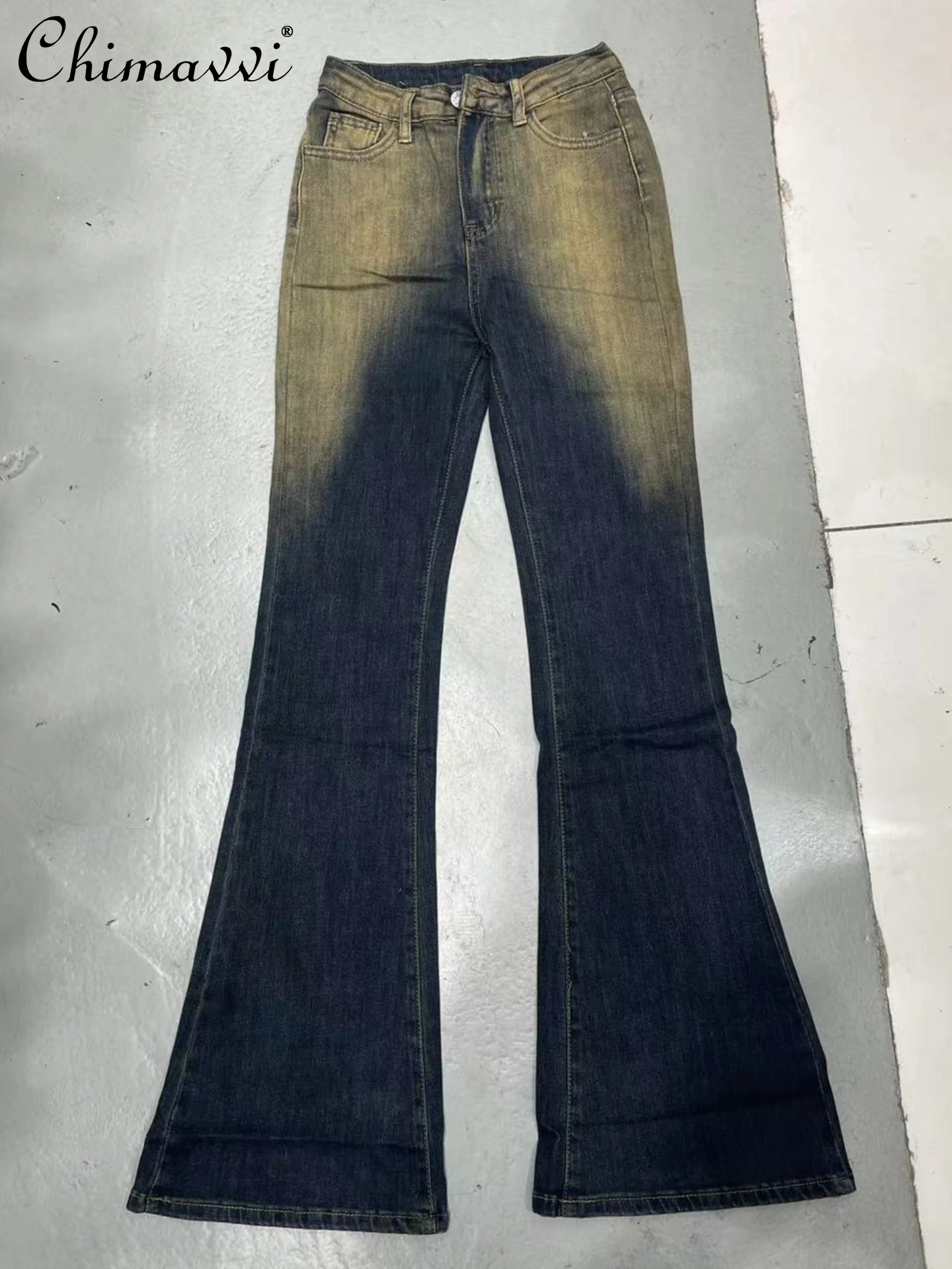 

2022 Spring New Female Fashion Retro High Waist Flared Jeans Women's Korean Style Stretch Tie-Dyed Slim Fit Wide Leg Denim Pants