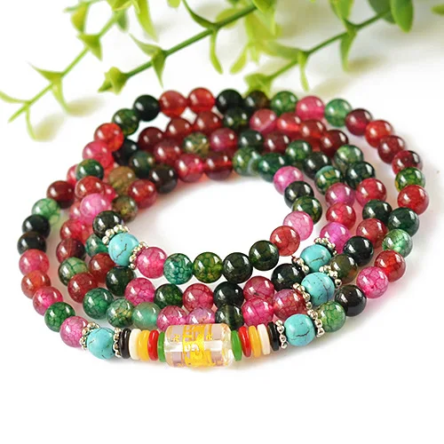 

Natural 6mm Colorful Agate Beaded Bracelet Tibetan Buddhist 108 Pcs Necklace Gourd Mala Prayer Jewelry For Meditation Drop Ship
