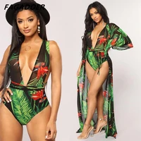 fagadoer green sexy flower cardigan beach long and halter neck bikini two piece sets women slim v neck lace up bodysuits outfits