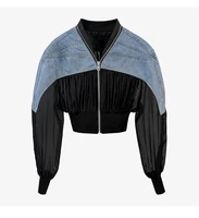 womens 2022 spring and autumn new hot selling high street color blocking denim pleated design hem knitted long sleeved jacket