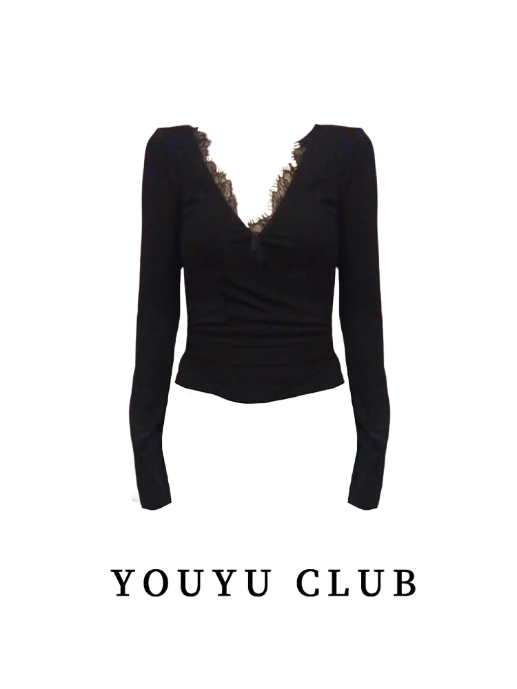 Бандажная футболка Chubby Girl Advanced Sense с v-образным вырезом и кружевной строчкой топ