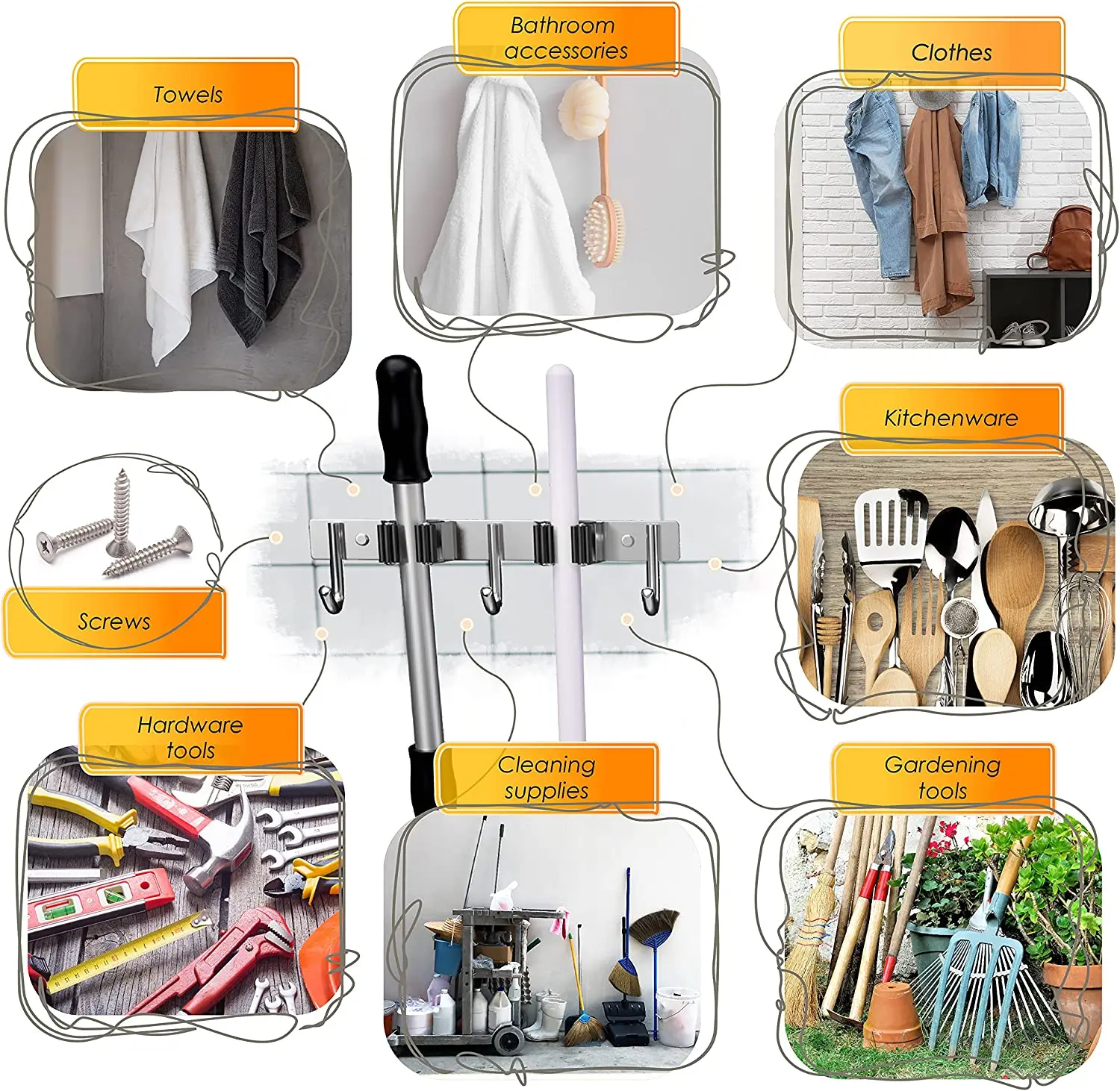 

SUS304 Stainless Steel Broom Organizer Wall Mount for Laundry Room Garden Garage 2 Racks 3 Hooks cosas para la cocina