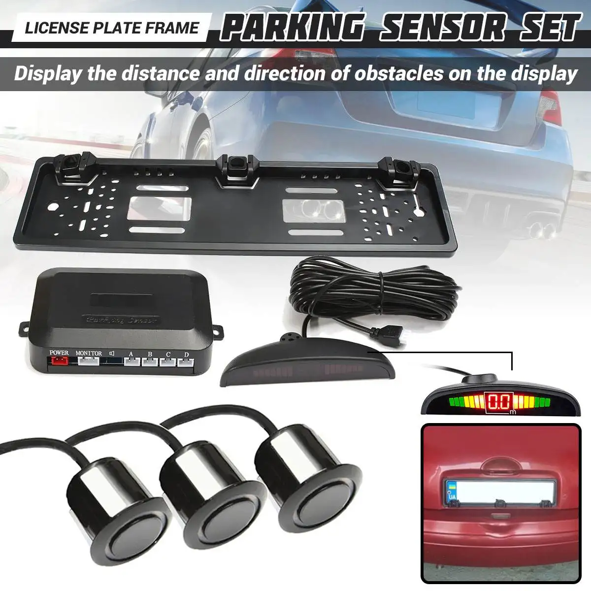

Universial Car Parking Sensors Parktronics European License Plate Frame Reversing Radar with 3 Sensors EU Plate Frame