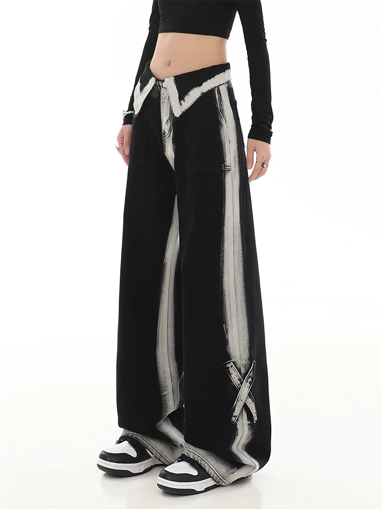 

Женские Мешковатые Всесезонные брюки с широкими штанинами, облегающие повседневные брюки, модные трендовые женские уличные хлопковые джинсовые брюки в стиле хип-хоп