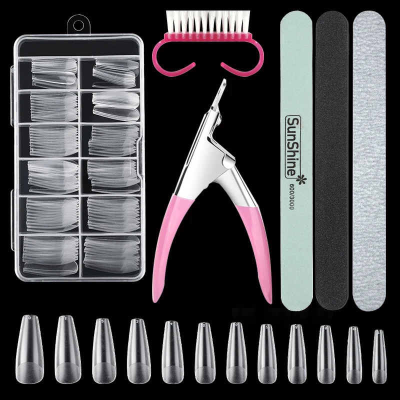 Manicure Tools With Clear Fake Coffin Nail Tips False Nails Press On Nails Files And Buffer Polisher Nail Brush And Clipper Set