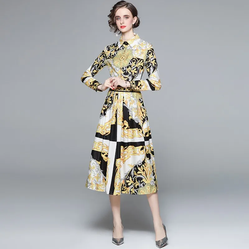 

2022 Spring Fashion Women Long Sleeve Tturn Down Collar Single Breasted Floral Print Elegant Court Style Dress Vestidos
