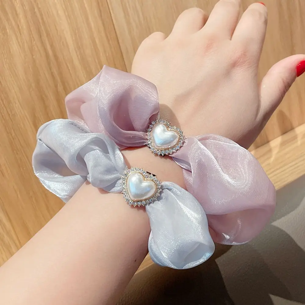 

2022 New Shiny Organza Large Intestine Hair Ring Elegant Temperament Heart Design Ponytail Rope Accessories