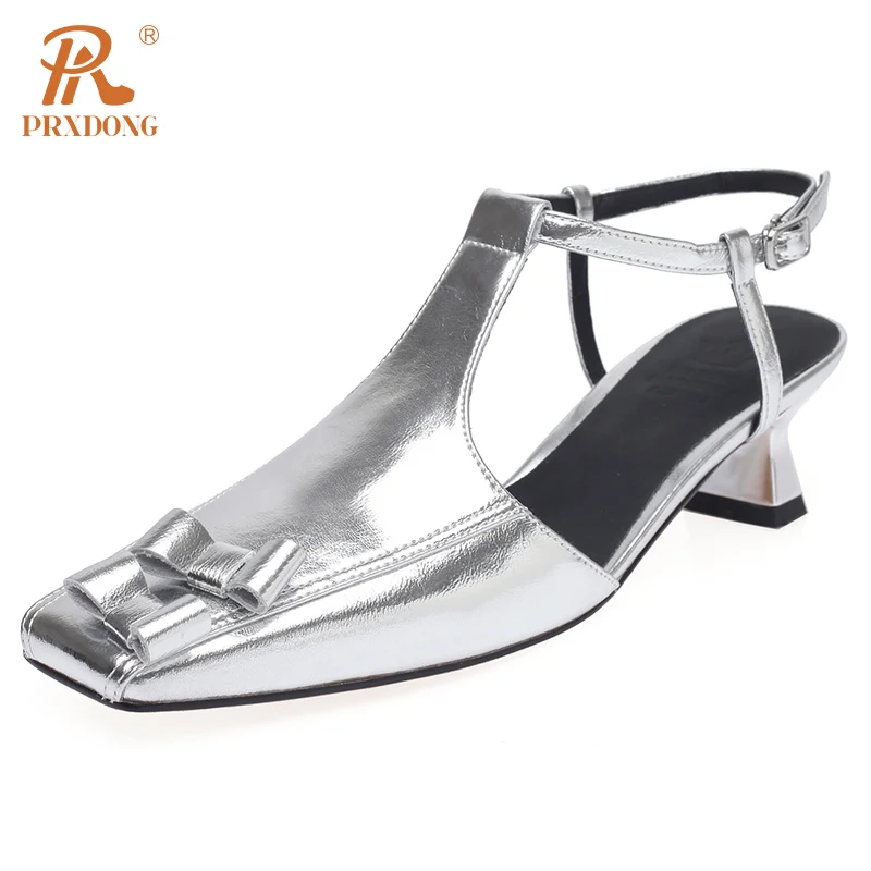 

PRXDONG Brand 2023 Genuine Leather Summer Qulaity Med Heels Ankle T-strap Black Silver Dress Party Office Lady Pumps Size 34-39