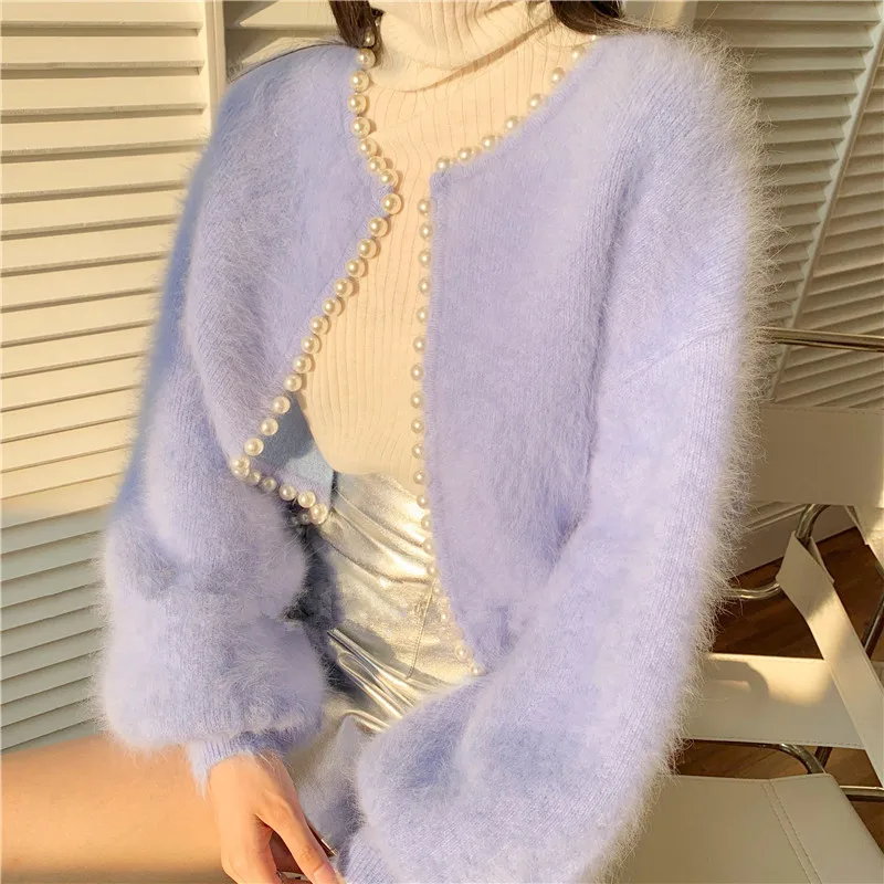 

Autumn Winter Casual Pearl Knitted Sweaters Women Vintage Elegant Pullover Sweater Thick Warm Long Sleeve Sweater Jumper