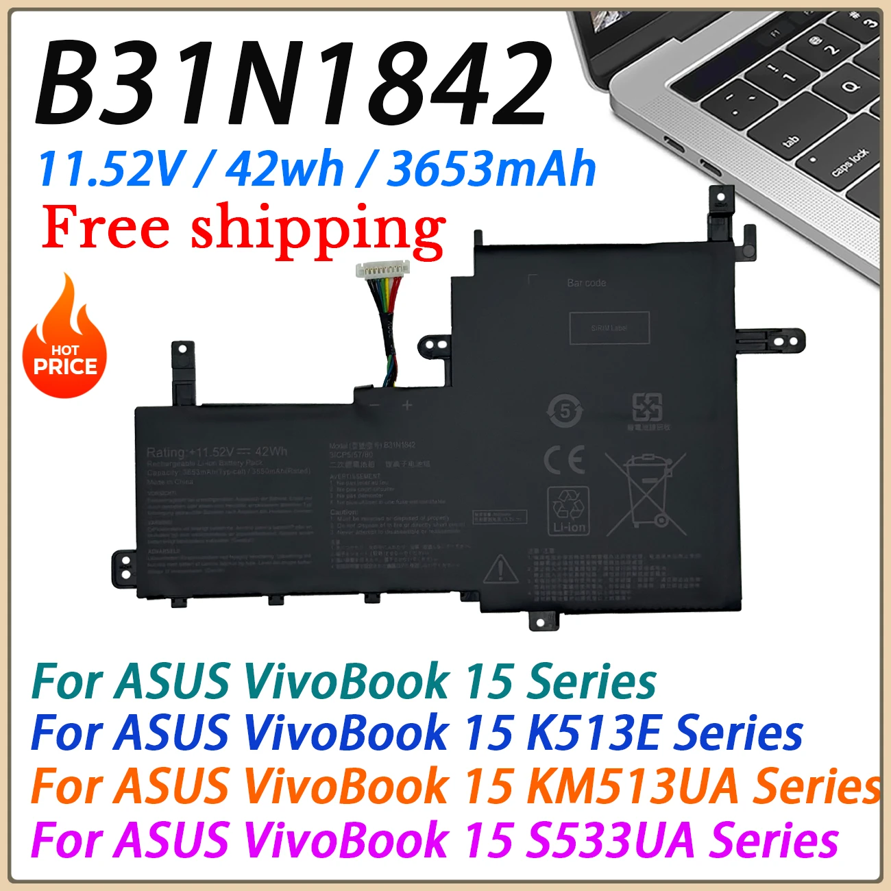 Новый аккумулятор B31N1842 для ноутбука ASUS VivoBook V5050E V5100E S5500F M5100U FL8800I V531F V531FL X531F X531FA S531F