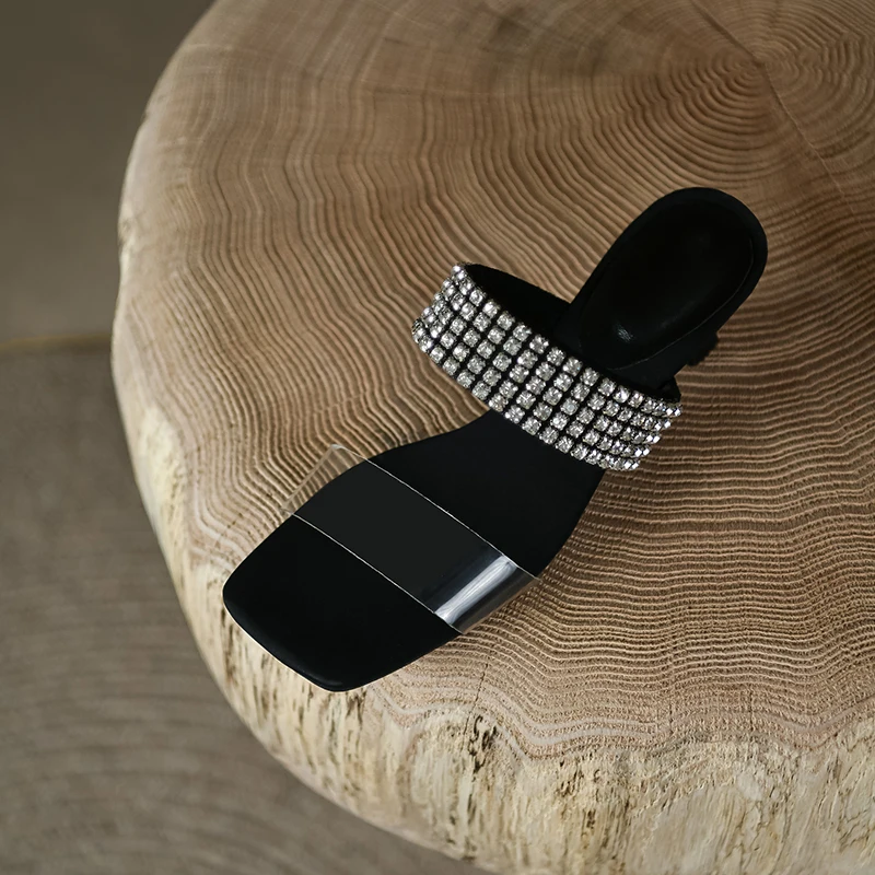

In the summer of 2022 the new crystal with square head high heels transparent diamond temperament open-toed sandals slippers san