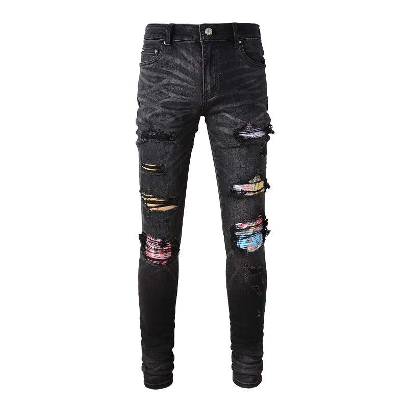 

Rock punk style design Men Cracked Pleated Patches Biker Jeans Patchwork Stretch Denim Pants Holes Ripped Trousers Skinny jeans