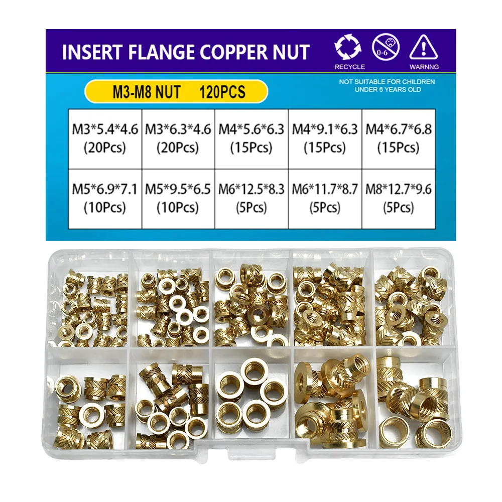 M2 M2.5 M3 M4 M5 M6M8 Комплект фланцевых вставок для гаек Латунь Метрическая резьба сегмент термоплав Нагрев Встроенная гайка для вставки 3D-принтера