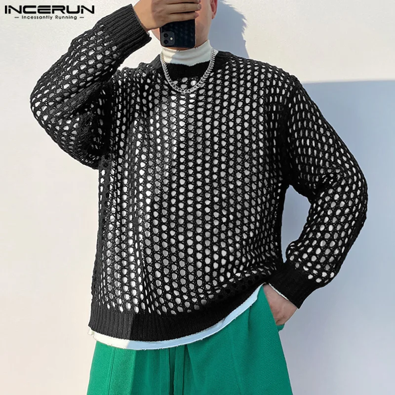 

Топы INCERUN 2023, мужские футболки в Корейском стиле с вырезами, трикотажные сетчатые дизайнерские футболки, удобная женская футболка с длинным рукавом