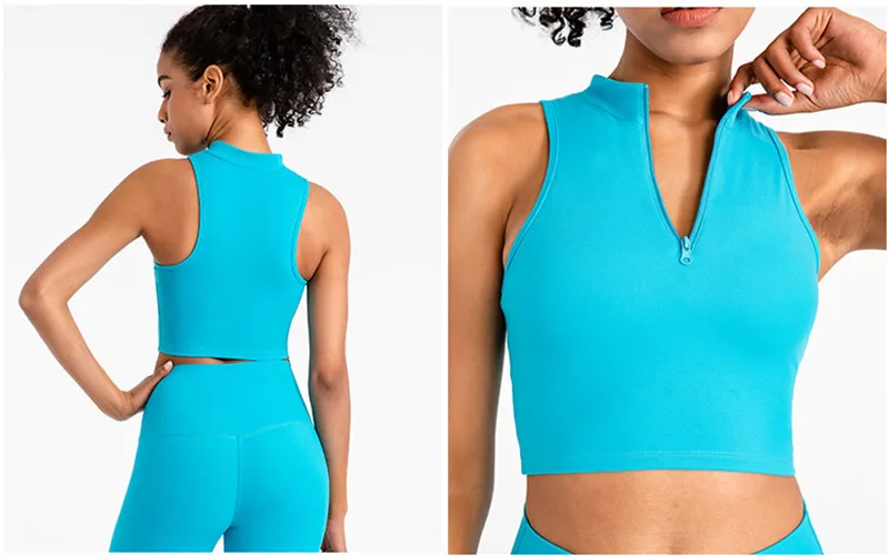 Solid Color Zip Top Women Fitness Bra Gym Tank Top Yoga Vest Athletic Brassiere Sports Chest Pad Comprehensive Training Jogging