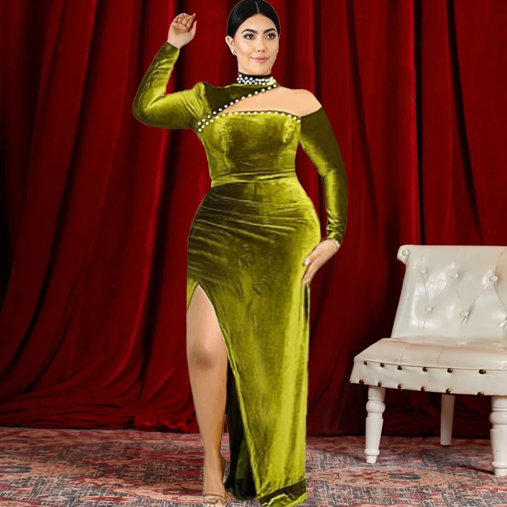 

Dress Women Green Spring Party Long Maxi Evening Pearl Femme Vestiods Robe Lady Sexy 2022 New Elegant Split Dresses