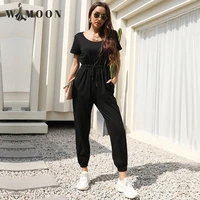 2021 summer fashion solid color leggings casual pants conjoined pants lace up casual solid women loose one piece jumpsuit