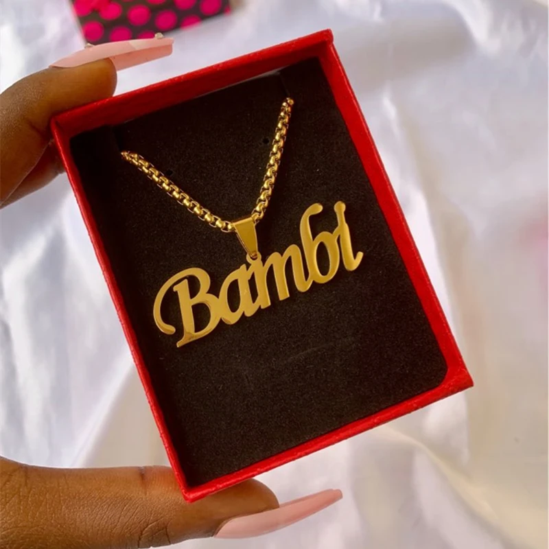 

Free Box Bold Font Name Necklace Handmade Personalized Best Friends Gifts Stainless Steel Custom Bead Chain Nameplate Necklace