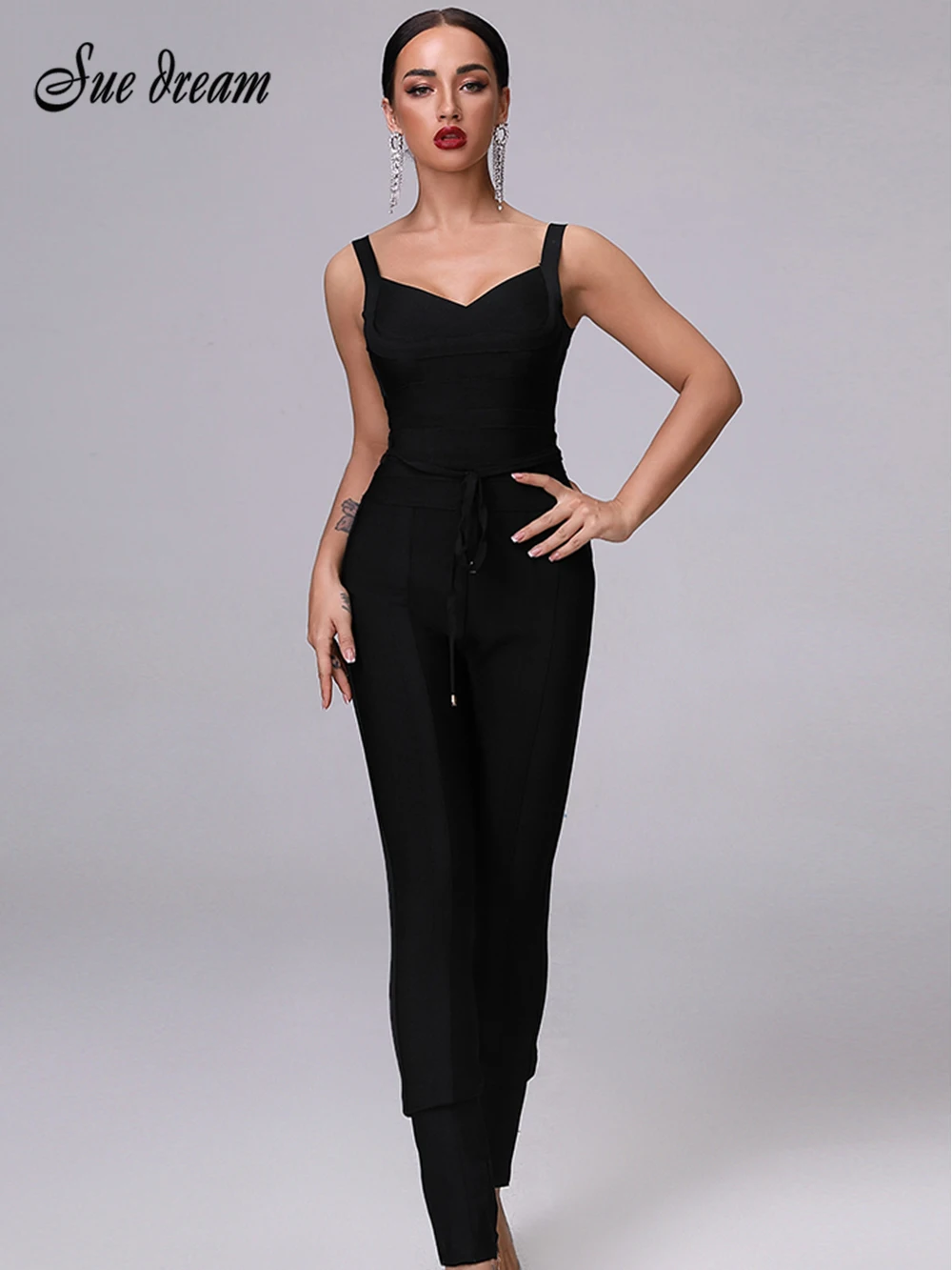 

Rayon Bandage Jumpsuit 2021 New Bodycon Summer Workwear Sexy Tight Black Red Dark Blue Lace Sleeveless Christmas Jumpsuit