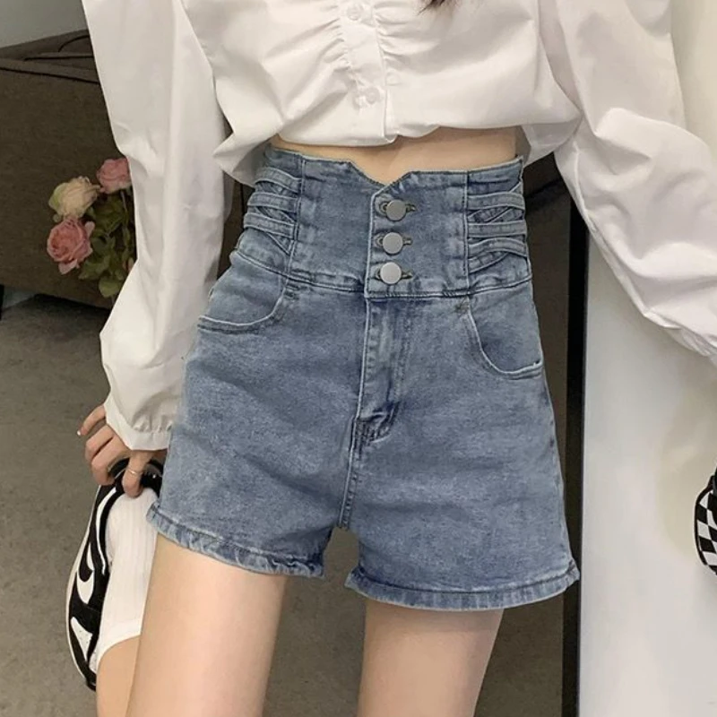 

Slim Style Thin Hotsweet Waist Button New Shorts All-match High Solid Women Denim Summer Abdomen Harajuku Casual Simple Korean