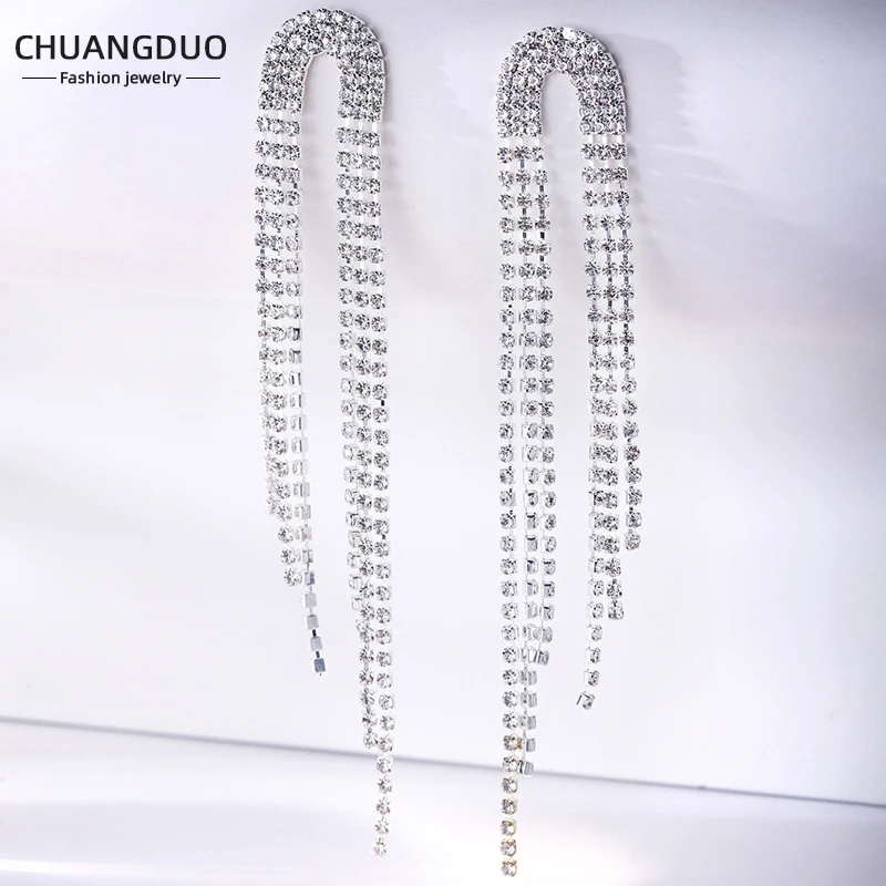 

New Fashion Exaggerated Rhinestone Long Statement Tassel Chain Earrings Shiny Full Rhinestone Crystal Dangle For Girl Oversize