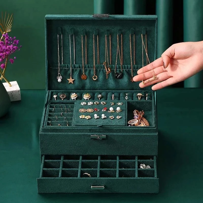 

2021 New Jewelry Box 3-layers Green Stud Organizer Large Ring Necklace Makeup Holder Case Velvet Jewelry Box with Lock For Women