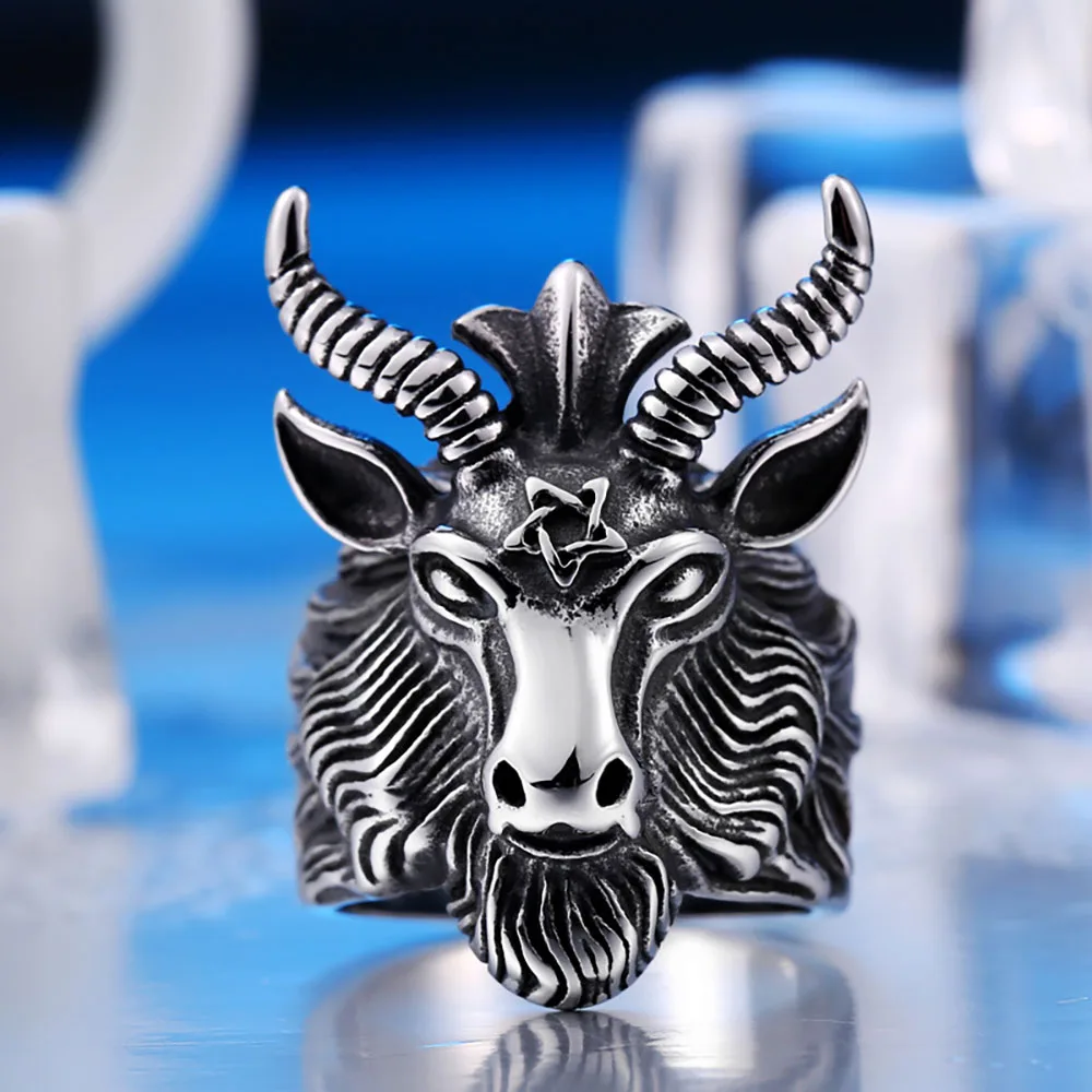 Vintage Satan Goat Ring For Men Gothic Stainless Steel Lucifer Goat Head Satan Skull Ring Cool Men Boy Jewelry Gift Wholesale