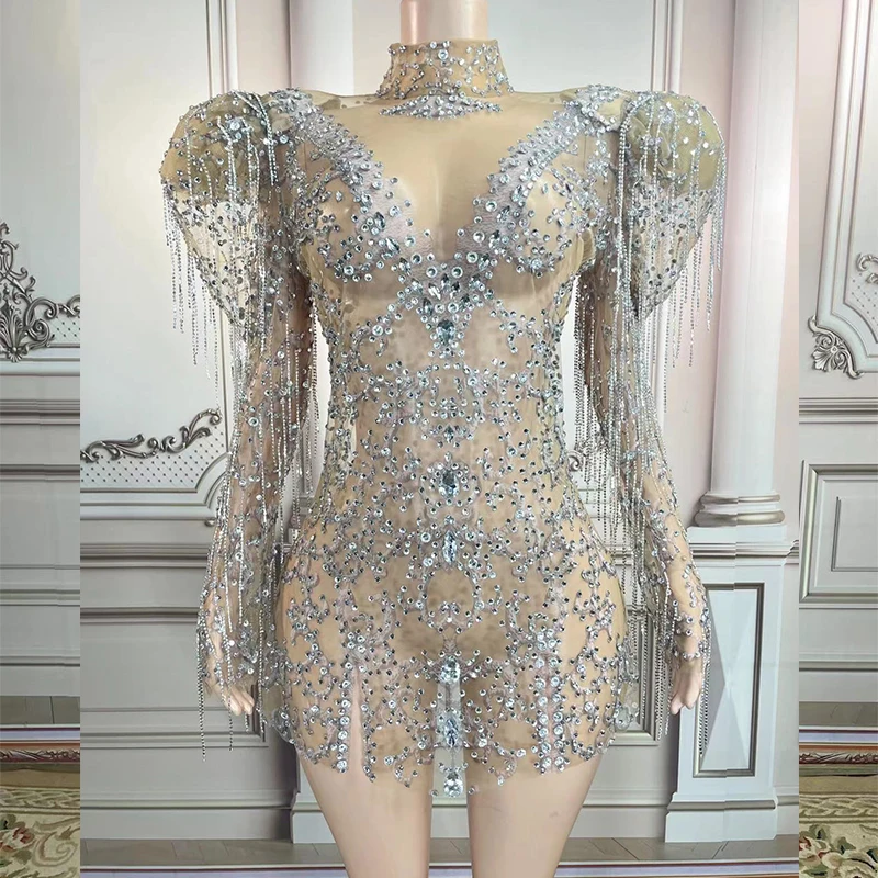 

Club Sexy Stage Evening Birthday Celebrate Transparent Rhinestone Big Sleeves Dress Costume Women Dancer Prom Stones Host Outfit