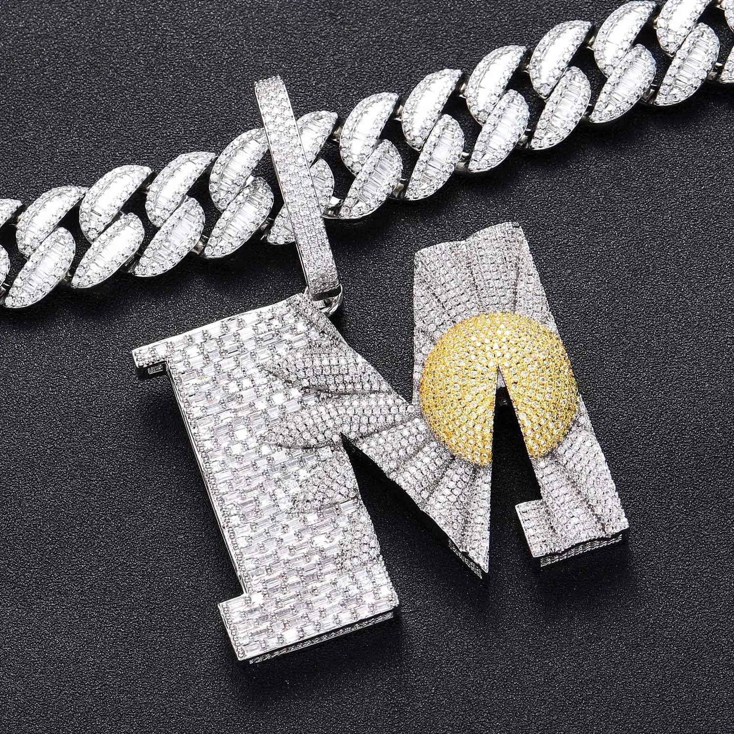 Hip Hop Large M Letter Pendant Necklace Bling 5A Zircon Real White Gold Plated Jewelry