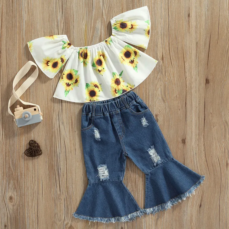 

Kids Baby Girls Summer Outfits Sunflower Print Short Sleeve Off-shoulder Tops and Casual Ripped Denim Flare Pants Set