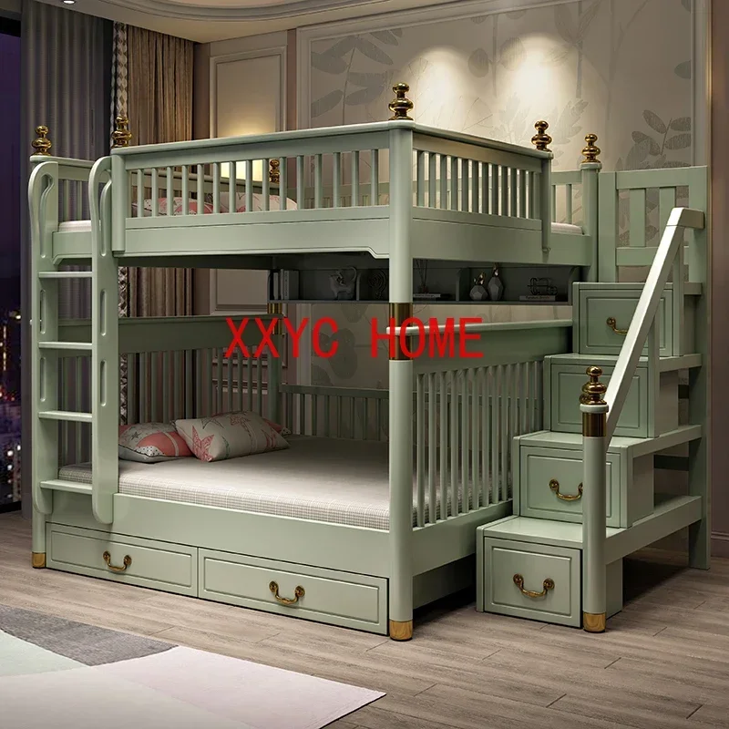 Двухъярусная кровать из массива дерева зелёная