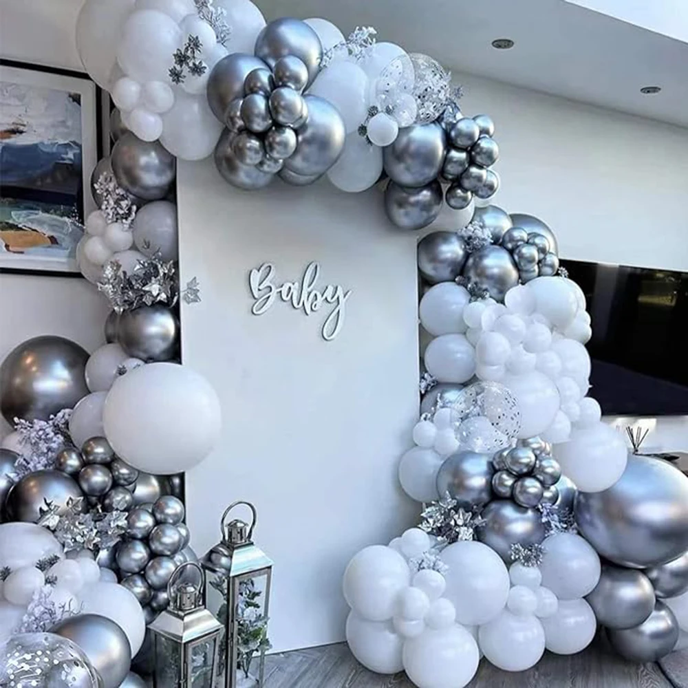 

White Balloons Kit Metallic Silver Confetti Latex Ballon Wedding Anniversary Gender Reveal Birthday Party Baby Shower Decoration