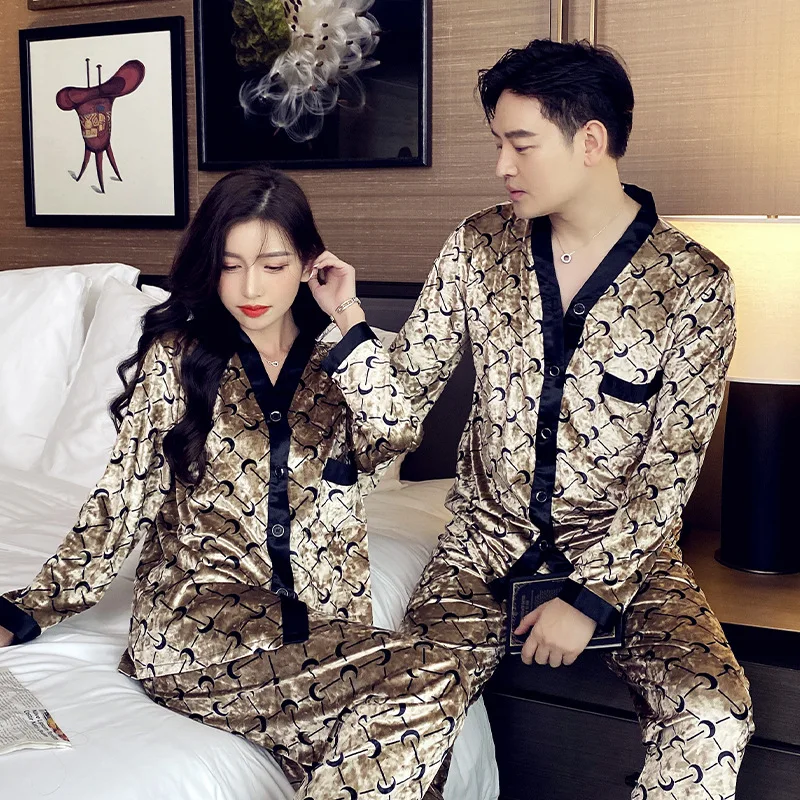High quality lovers pajamas lady's suit velvet pajamas moon printed leisure household to take men's luxury