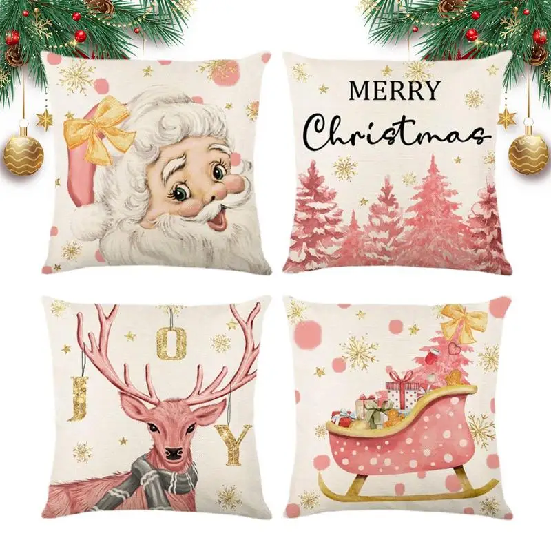 

Christmas Pillow Covers 4PCS Zippered Santa Claus Throw Pillow Cases Soft Pillowcases For Living Room Bedroom Sofa Car Party