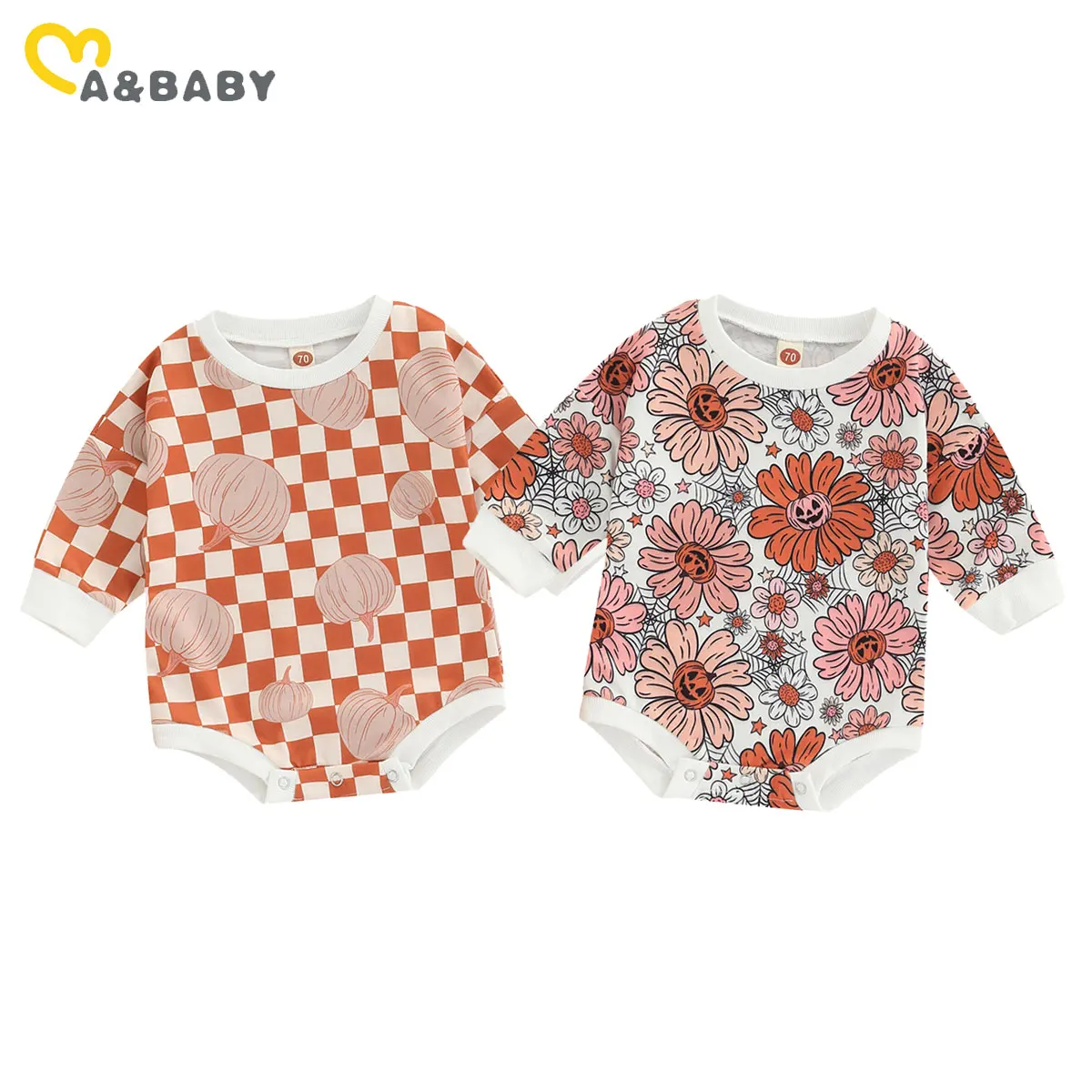 Ma&Baby 0-24M Halloween Baby Girl Costumes Newborn Infant Boy Girl Romper Pumpkin Plaid Print Long Sleeve Jumpsuit Playsuit