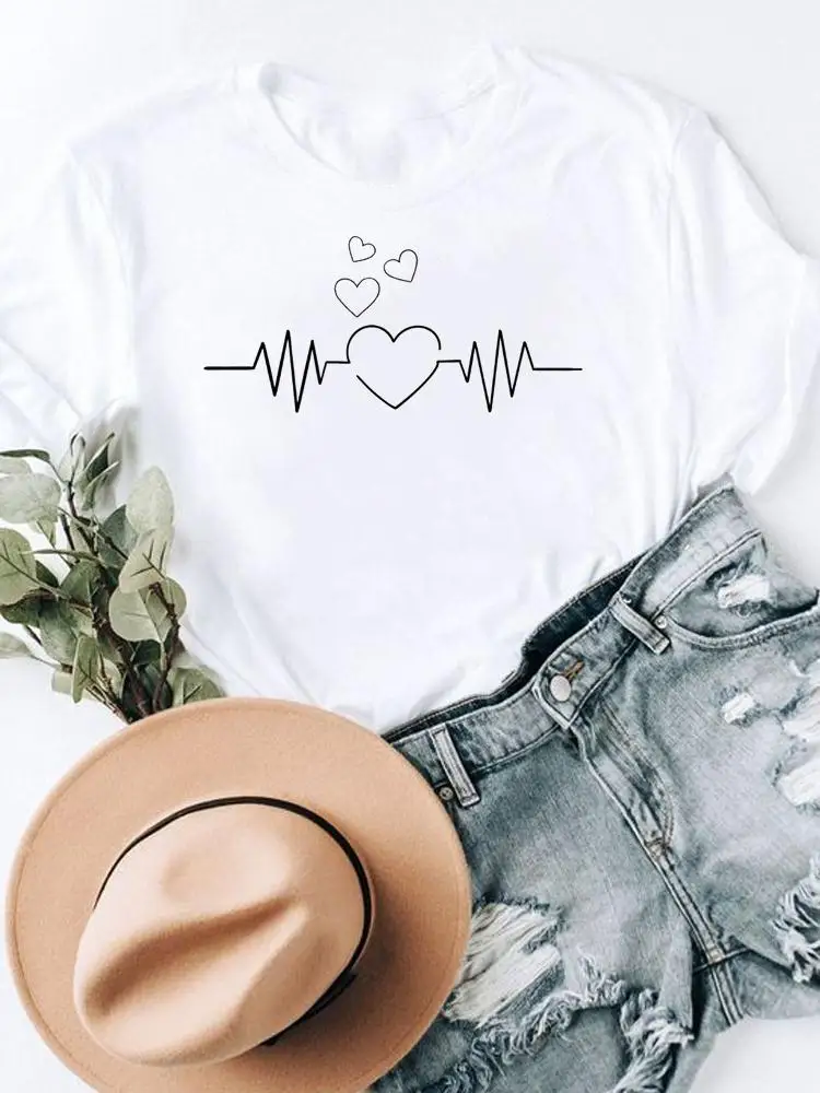 

Short Sleeve Women Graphic Tee Summer T Clothing Print Heartbeat Cute Love 90s Style Fashion Female Clothes Casual T-shirts