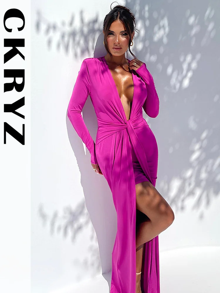 

Ladies Autumn Neon Long Sleeve V-Neck Side Slit Bandage Maxi Dresses Women New Fashion Evening Party Club Wear Y2K Fall Outfits