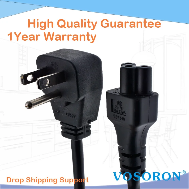 Кабель питания переменного тока на IEC320 C5, 90 градусов, 3 контакта, 18AWG 125 В, 10 А, под углом вверх, NEMA 5-15P на гнездо IEC C5, кабель питания для ноутбука