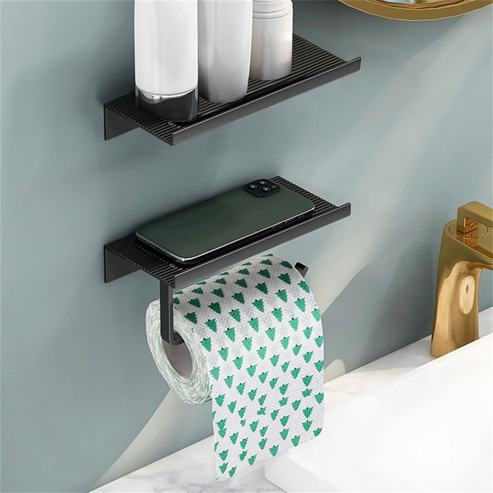 

Держатель для туалетной бумаги из алюминиевого сплава с подносом, аксессуары для ванной комнаты, кухонный настенный держатель для рулона туалетной бумаги без перфорации