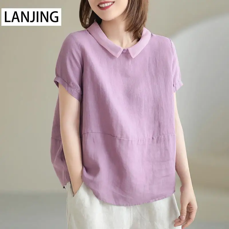 

Korean casual loose casual cotton and linen short-sleeved shirt women stitching lapel linen summer solid color pullover shirt