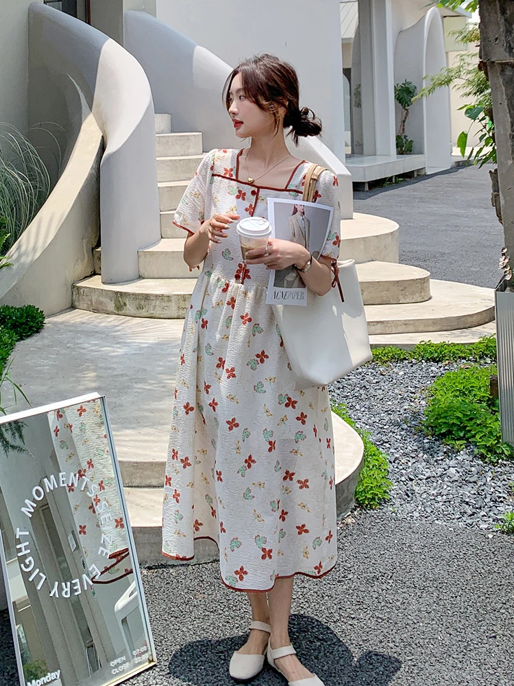 

Vintage Elegant Floral Dress 2022 Summer Women Short Sleeve Square Collar Loose A-line Korean Style Girl Long Dresses Y191