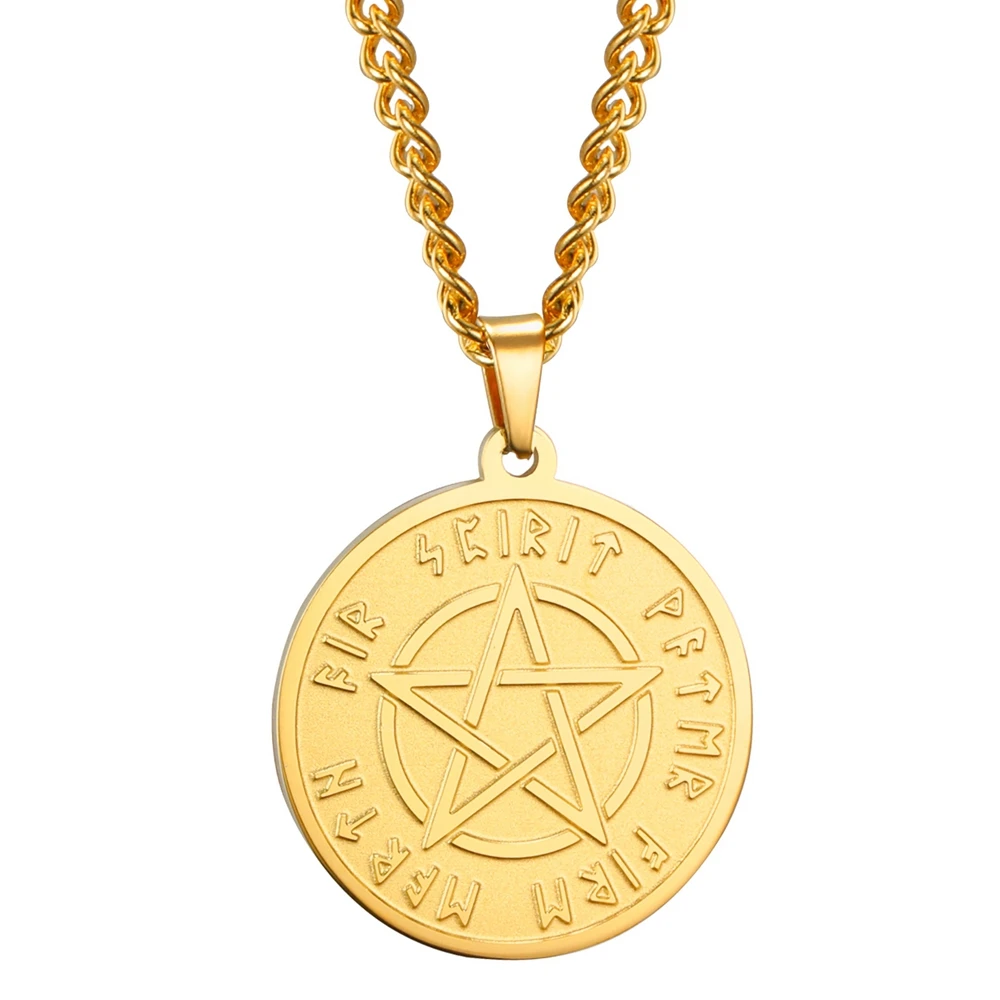 

2 Colors Gold Color Steel Color 24.9x27.8mm Viking Rune Pentagram Round Amulet Pendant Necklace With 45+5cm Link Chain