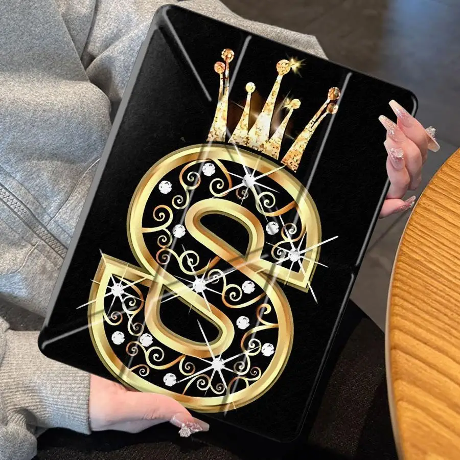 Фото Чехол для планшета iPad Pro 11-го, 10-го, 9-го, 8-го, 7-го поколений, 12.9 дюймов Pro 2025, Mini 6, 7, Air 4, 5, M3, M2, M4, 11 дюймов, с держателем, дизайн «Корона и буква S» №5