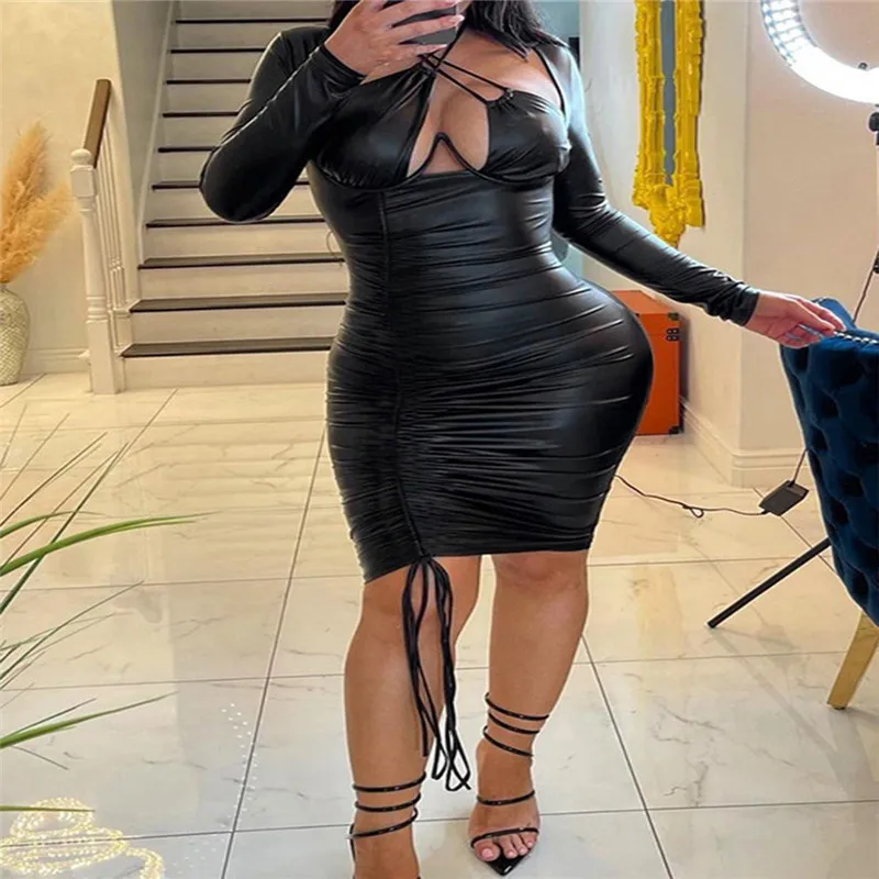 

Women's Halter Ruched Bodycon Mini Dress Black Long Sleeve Drawstring Solid Color PU Leather Short Dress Fall Club Streetwear