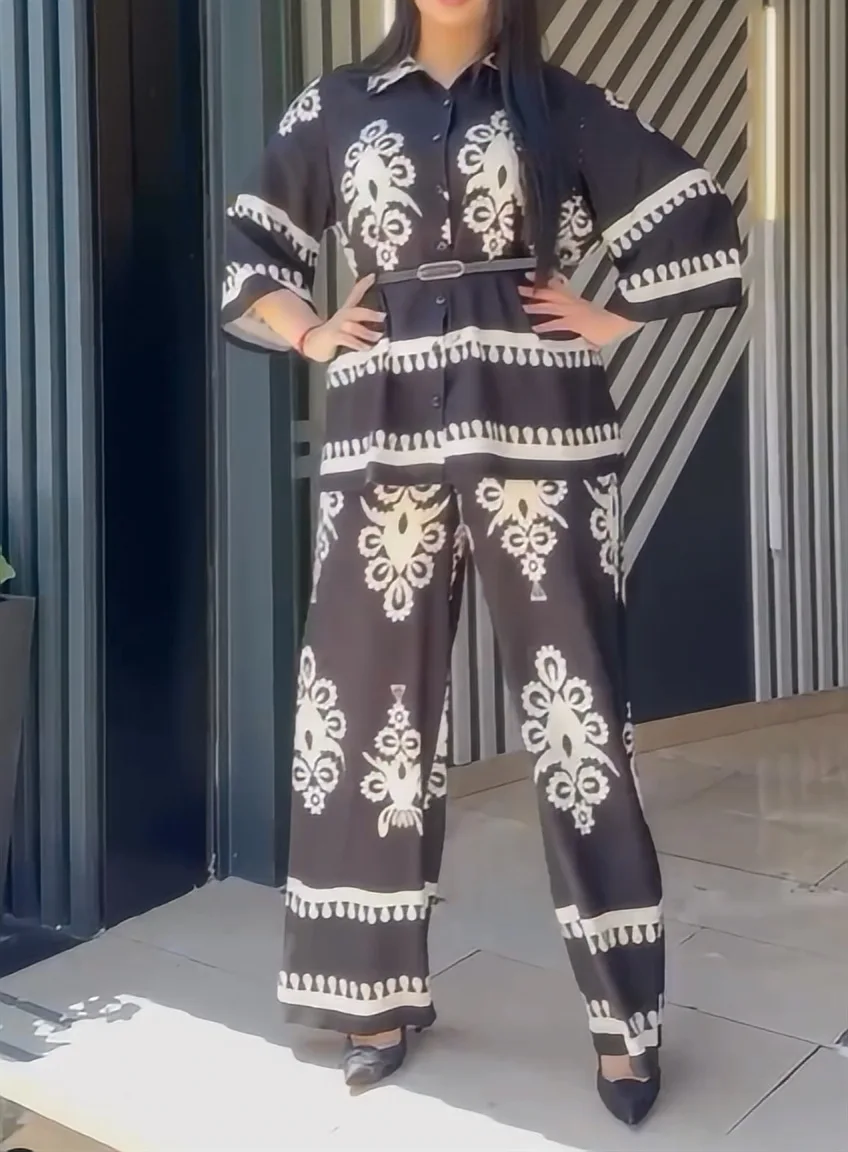 Летний Модный повседневный костюм из рубашки и брюк с принтом свободный женский