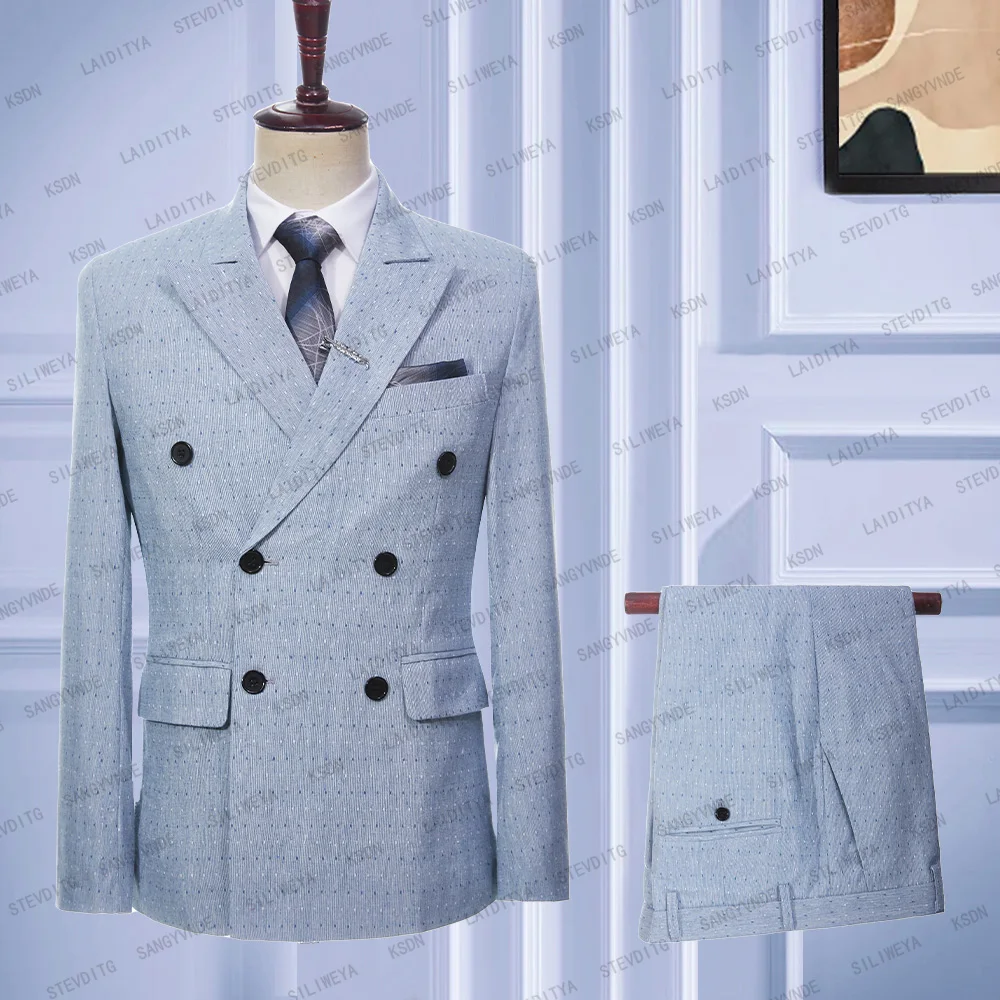 

Мужские льняные костюмы в клетку, синие и белые облегающие повседневные смокинги с двубортным рядом пуговиц для свадьбы, комплект из 2 предметов (пиджак и брюки), Новинка лета 2023