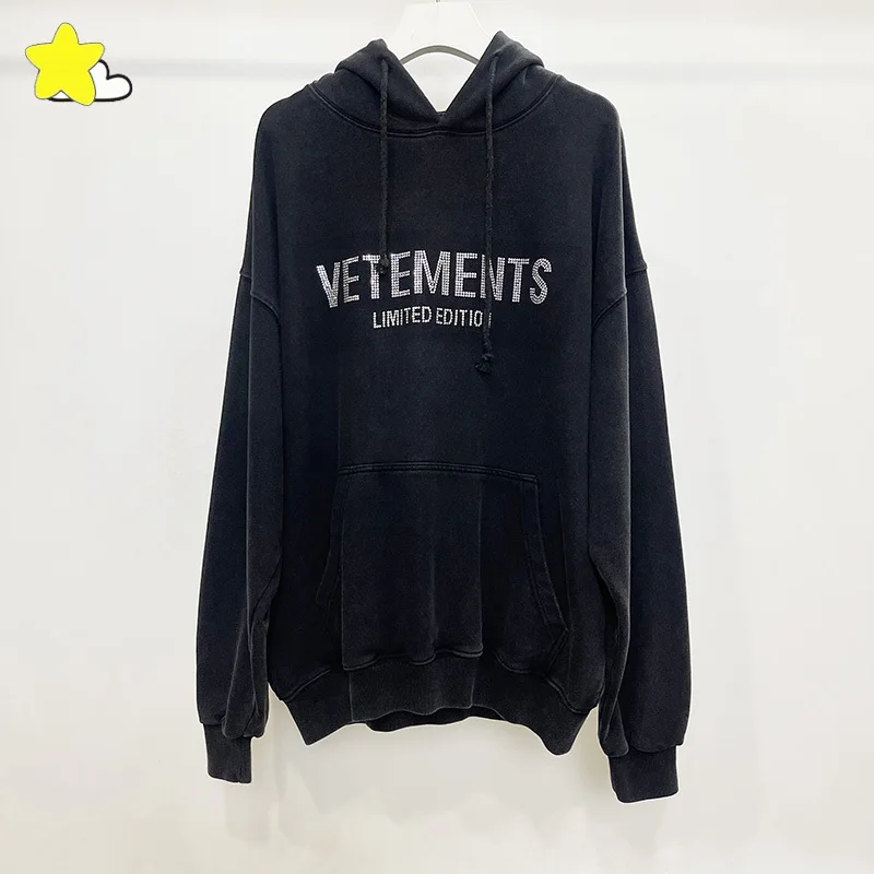 

23FW Streetwear Oversize Flash Drill Logo VETEMENTS Limited Edition Hoodie Men Women Top Quality Washed Black VTM Pullovers Tags